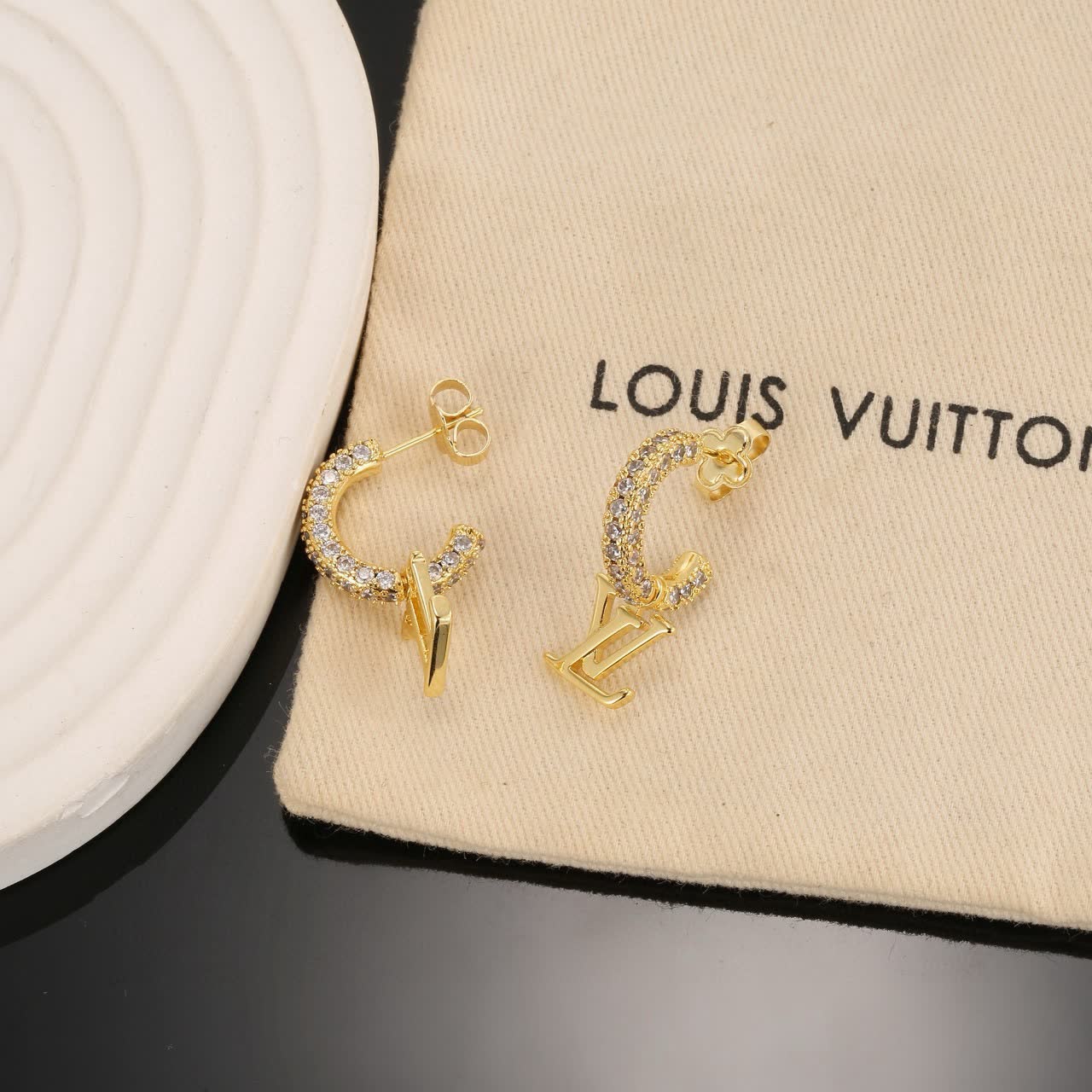 Louis Vuitton Gold Tone Crystal Hoop Earrings